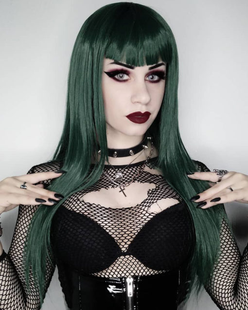Forest defines deep green hair! Subtle layers give this sleek look some movement. falling to the waist, with a blunt fringe to frame the face.