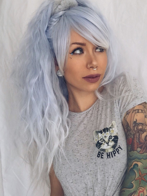 Moonlight is a big, fluffy crimped style with a long thick fringe. We love the pastel blue shade from the roots, melting into a snowdrop white dip dye on the ends. The lengths fall to the hips, lots of hair to style and dress.
