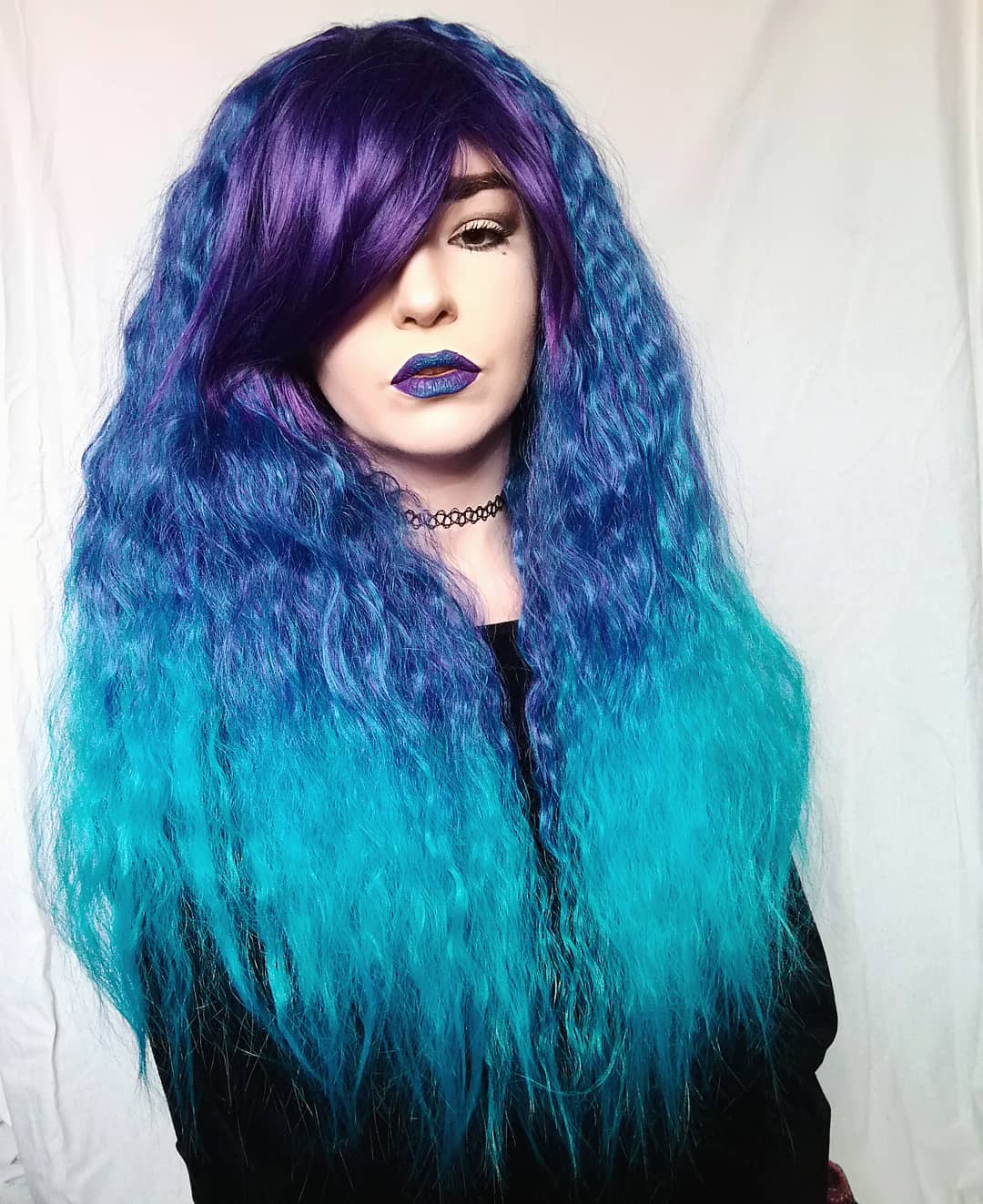 Purple and blue long crimpy wig with bangs | Blueberry Fizz by Lush Wigs UK