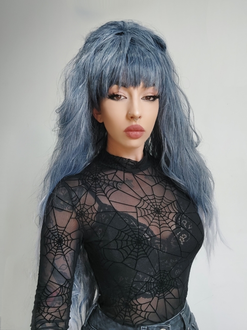 Grim Fairytale is a big, fluffy crimped style with a long thick fringe. We love the blue steel shade from the roots, melting into a washed out greyish dip dye on the ends. The lengths fall to the hips, lots of hair to style and dress.