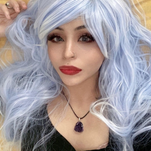 Moonlight is a big, fluffy crimped style with a long thick fringe. We love the pastel blue shade from the roots, melting into a snowdrop white dip dye on the ends. The lengths fall to the hips, lots of hair to style and dress.
