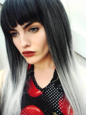 Silver Ombre - Lush Wigs UK Black and silver long ombre wig with bangs. Silver ombre is a dazzling combination of dark and light. Its cool black roots with undertones of sliver and purple flow to the jawline that blends into silver hues.