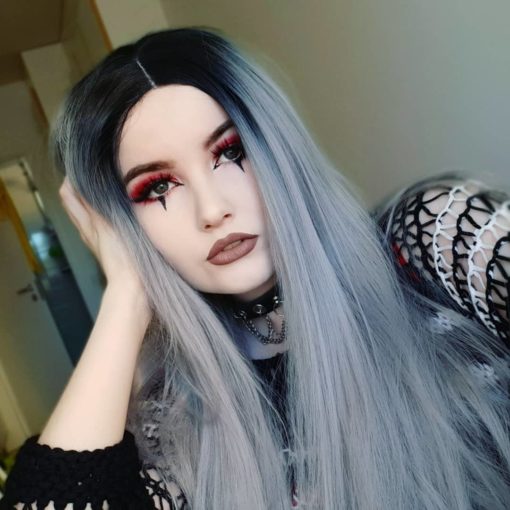 Grey straight lace front wig. Get paranormal with Crystal ball, one of our very long sleek styles. A natural twist of black shadow roots, that blend into a blue-grey mix of silver tones that catch the light perfectly.