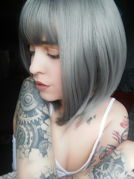 Grey straight bob wig with bangs. Sujiin is elegant and classic. This graduated bob with grey tones from roots to tips, adds dimension and makes it look fuller.