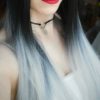 Black and silver long ombre wig with bangs. Silver ombre is a dazzling combination of dark and light. Its cool black roots with undertones of sliver and purple flow to the jawline that blends into silver hues. 