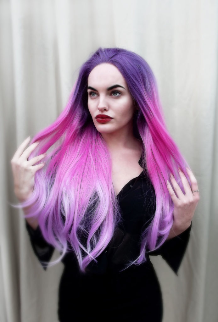 Pink Purple Lilac Ombre Three Colour Fade Big Curls Bright Fuscia Lace Front Lush Wig