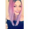 Pink and lilac straight lace front A-line bob wig. Saturn is a cosmic play of vibrant hues. With a natural twist of warm black shadowed roots, that fade into a block of muted rose pink, then into a blue lilac ombre colour.