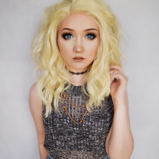 Atomic - Lush Wigs UK Bleach blonde long bob Lace front wig. Release your inner rock chick, with Atomic a light blonde colour styled in textured waves.