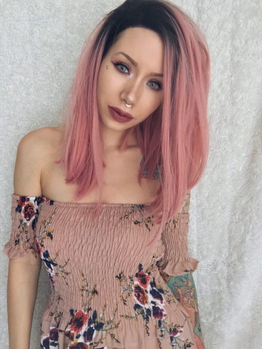 Pink straight long bob lace front wig. Who says pink has to be sweet. Go rock and roll chic in Cosmopolitan. This is a graduated long bob, with black shadowed roots that melt into a lush deep rose. 
