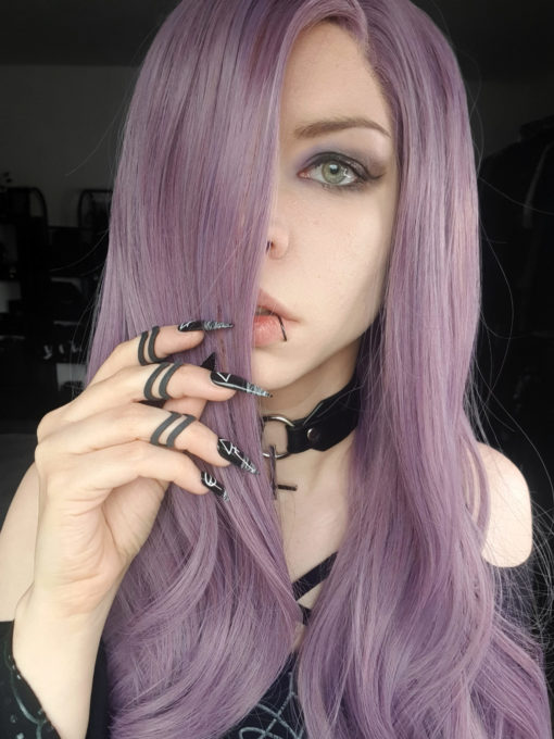 Lilac long straight lace front wig. Iris is soft and feminine with pretty lilac shades and dusky rose undertones. The cut has long and flowing layers, with tousled waves.