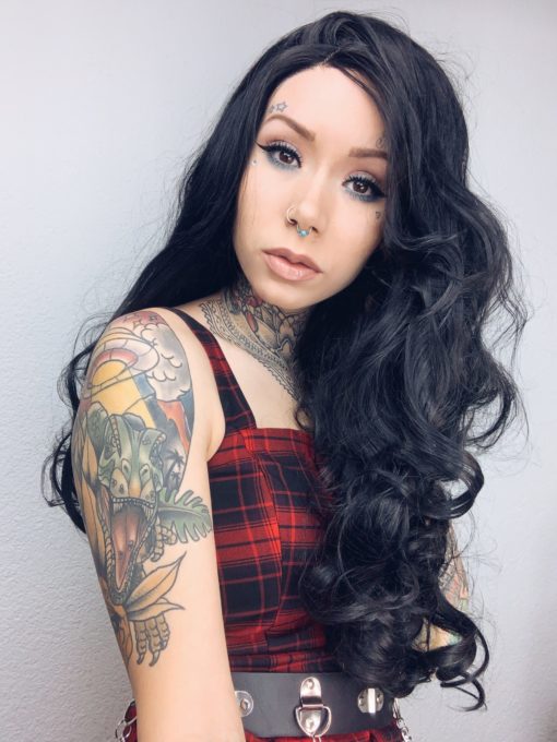 Black long curly lace front wig. Want the ultimate gothic glamorous style? Nevermore does it simply in natural black colour and big cascading curls.
