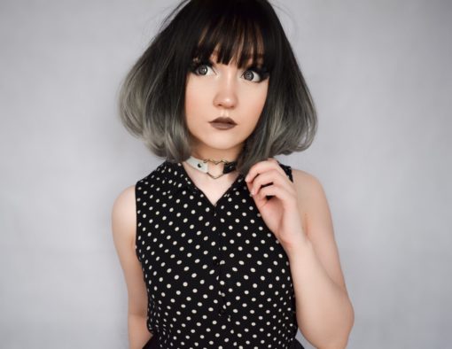 Super cute little black bob with wispy fringe, and a silver ombre dip-dye! This easy to wear style is finished in a blow-out to give it plenty of volume and movement.