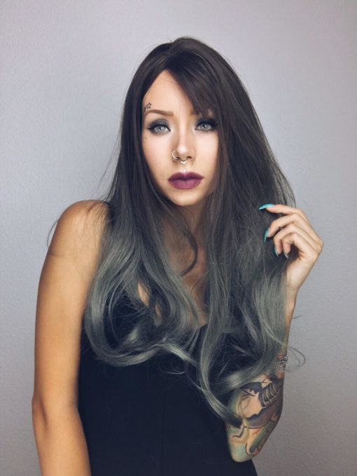 Dark green long straight wig with bangs. For all that adore green hair. Sage is a mix of brown roots with a deep, muted sage green ombre. 