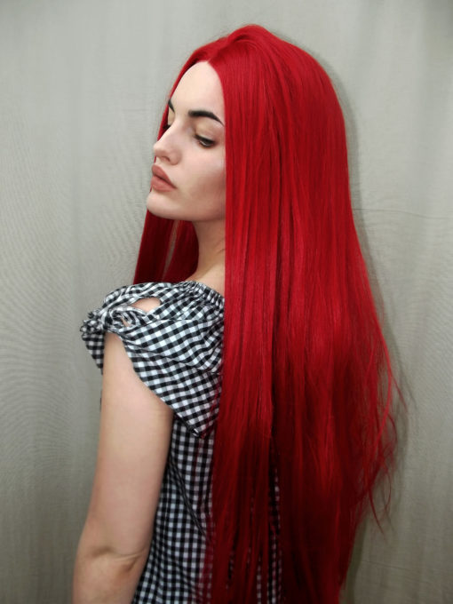 Long Straight red lace front wig. Crimson certainly lives up to its name. Sleek and thick with long layers for texture. 