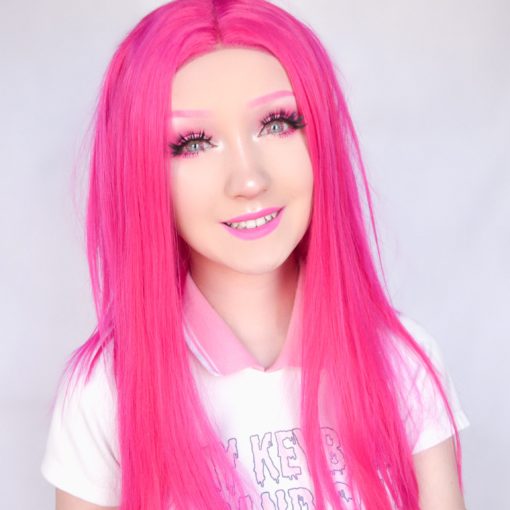The brightest neon pink, Argon is a stunning sleek Lace front with a realistic parting and some subtle shoulder-length layers to compliment the bust-length style and give it some movement. A neon dream!