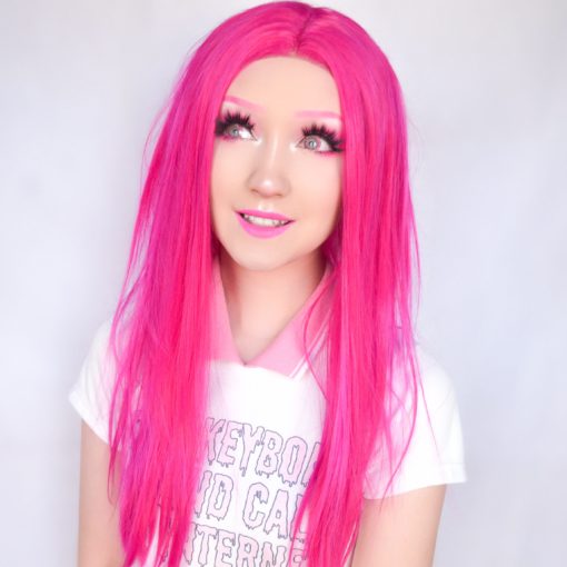 The brightest neon pink, Argon is a stunning sleek Lace front with a realistic parting and some subtle shoulder-length layers to compliment the bust-length style and give it some movement. A neon dream!