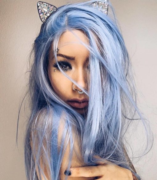 Blue long straight lace front wig. Rain comes in a luscious baby blue hue. Straight invisible layers add dimension and make it look fuller.