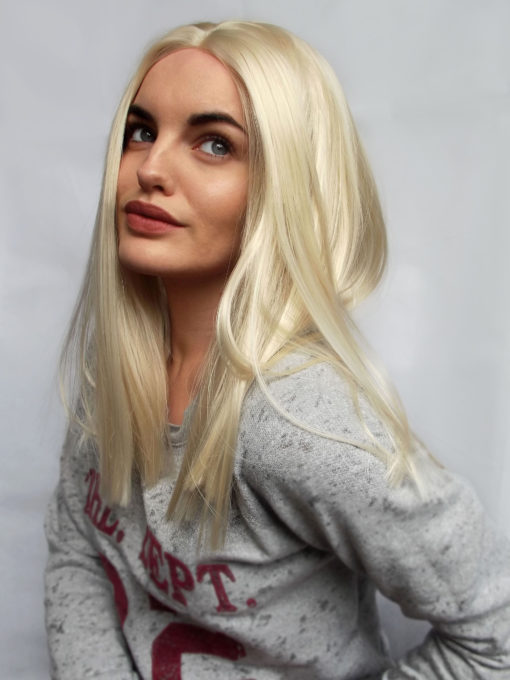 Bleach blonde and poker straight, Talulah is parted in the middle making it sleek and stylish. Looks great dressed up or worn causally, this is the perfect way to try bleach blonde without the damage! This style has an open cap construction with a realistic lace frontal.
