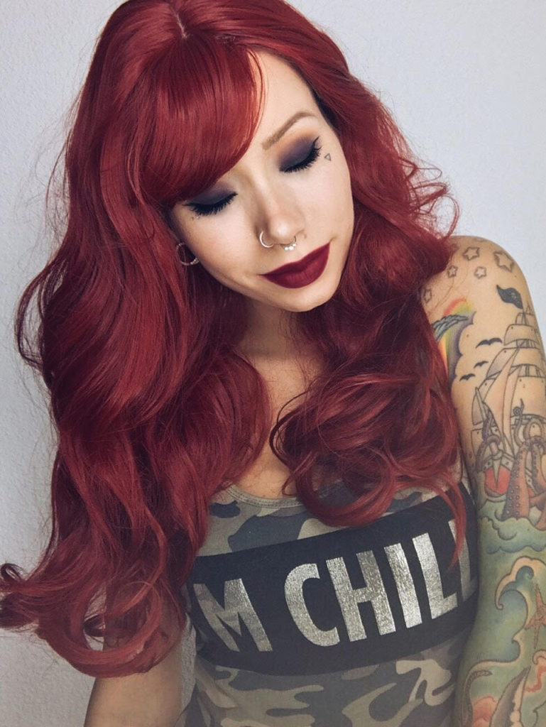 Deep red colour wavy wig with bangs | Vermillion by Lush Wigs UK