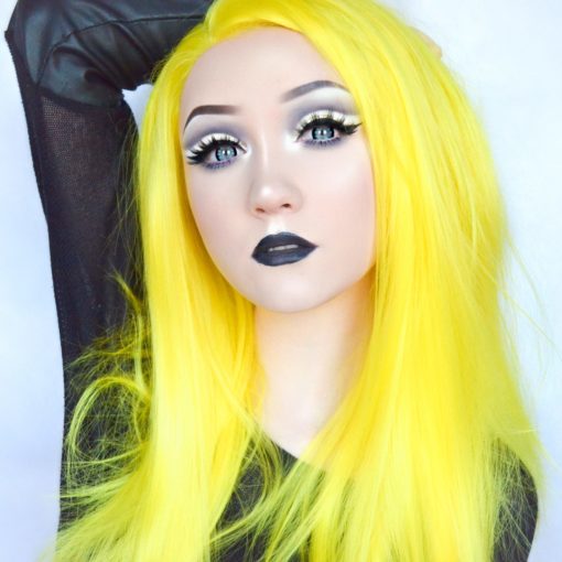 Neon yellow long straight lace front wig. Bold, bright yellow, Xenon is electric! From our Neon Collection, this unique style is going to get you noticed wherever you wear it. Poker straight with long layers cut in for movement that fall to the waist.
