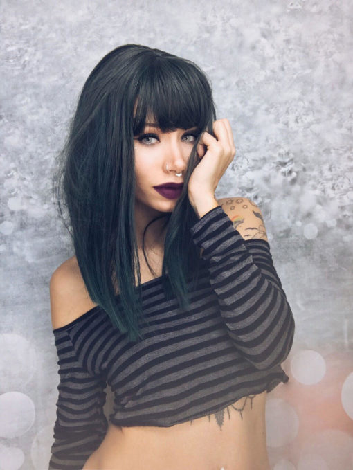 Green long straight wig with bangs. Who says green dye cant be subtle. Nephrite is a deep forest green and black mix on this sleek and straight lob.