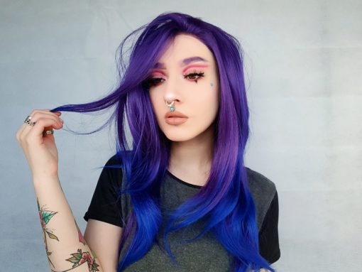 Wonder - Lush Wigs UK Purple and blue ombre lace front wig. Wonder is a Layered hairstyle that gives the illusion of length and volume. Dark purple from the roots and to the mid-length, then melts into a dip dye indigo blue dip-dye. Sleek and straight.