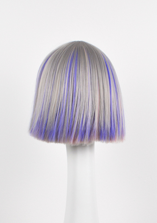 Silver grey bob wig with bangs. Hina is a striking colour block A-line bob, with matching choppy blunt fringe. A silvery grey shade dominates, but brought to life with baby pink and purple pastel highlights running through it. A sleek and blunt style carries this distinctive look.
