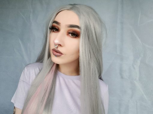 Grey straight long lace front wig. Hope is one of our very long styles that has an ethereal vibe. Sleek and pretty with a twist, a cute pop of baby pink blocks of colour along the nape of the neck. Its long lengths fall to the hips and end in a delicate wave.