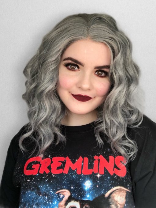 Grey mix A-line bob lace front wig. Classic cut? check. Quirky Grey pigments? check. = Luna with a mix of silvery dark grey and blue undertones in loose crimped waves.