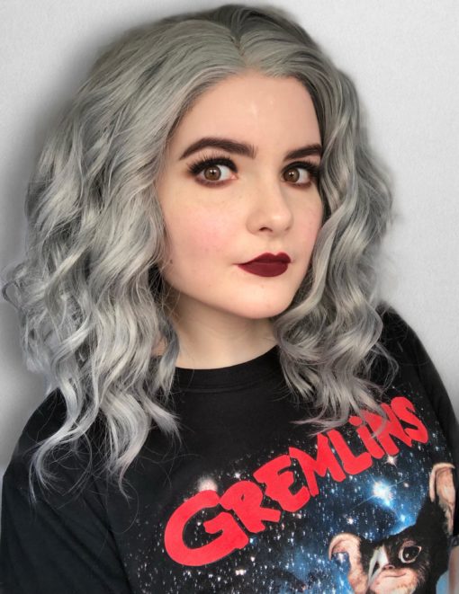 Grey mix A-line bob lace front wig. Classic cut? check. Quirky Grey pigments? check. = Luna with a mix of silvery dark grey and blue undertones in loose crimped waves.