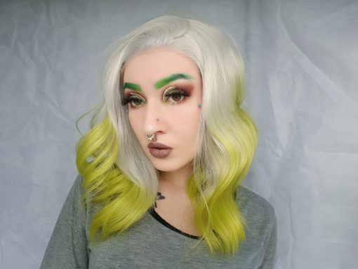 Yellow green lace front bob wig. Mojito delivers a fluorescent twist with platinum roots blending into a lemon and lime wavy ombre. This style feels as fresh as sipping a crisp Mojito!