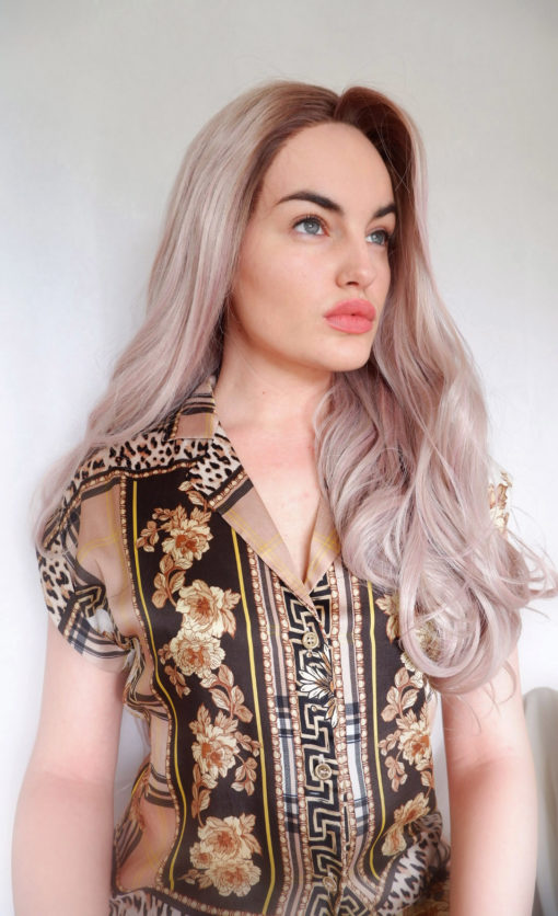Pastel pink lace front wig. Extra long long length with natural looking dark roots. It has very subtle pastel colour mix mixed within pinks and blondes to create something very unique.