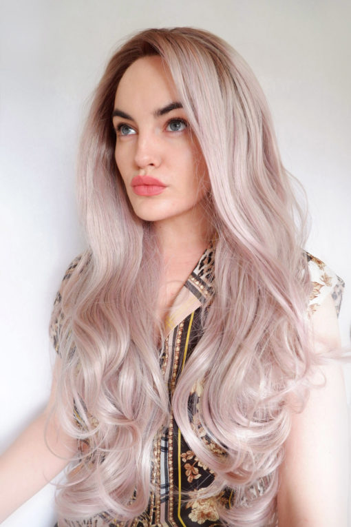 Pastel pink lace front wig. Extra long long length with natural looking dark roots. It has very subtle pastel colour mix mixed within pinks and blondes to create something very unique.