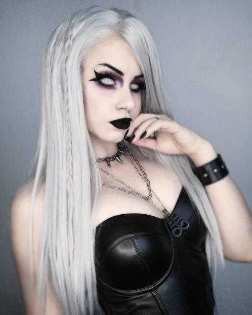 Grey long straight lace front wig. Tempest can be pale and interesting or full on iron maiden! With its grey and platinum hues, from roots to tips. Dead straight and full of volume from the roots. Tempest falls to the hips. Add your own impact with dressing and styling.