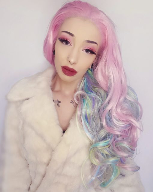 Multi colour pastel long curly lace front wig. This style is not for the faint-hearted, but that’s why we adore it! Rainbow Ripple is a sweet mixture of tousled curls in pastel purples, pinks and blues tones.