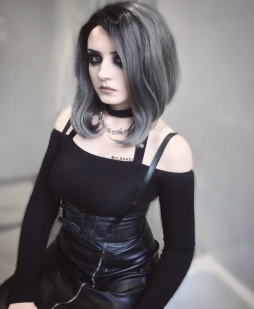 Grey straight bob lace front wig with dark roots. A mysterious deep grey and black mixed style with dark roots. Falls just to the shoulders finished in a curl to the ends that gives this style structure.