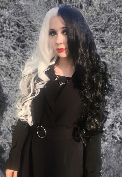 Long curly black and white split colour lace front wig. This style has instant Cruella Deville vibes! Perfect for your halloween looks.