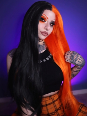 Kabocha - Lush Wigs UK Kabocha takes on the dramatic colour divide. With its striking black and bright orange colours. Split down the centre and carrying the colours from roots to tips.
