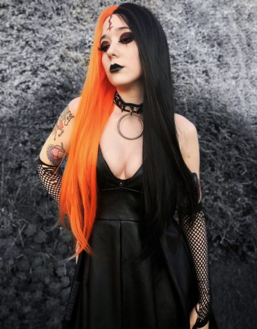 Black and orange split long lace front wig. Kabocha takes on the dramatic colour divide. With its striking black and bright orange colours. Split down the centre and carrying the colours from roots to tips.