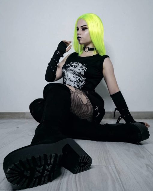 Neon yellow long straight bob lace front wig. This striking sleek style with neon yellow and green undertones certainly demands attention. Poker straight falls just to the shoulders.