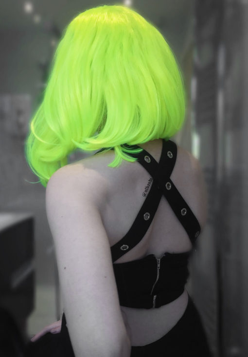 Neon yellow long straight bob lace front wig. This striking sleek style with neon yellow and green undertones certainly demands attention. Poker straight falls just to the shoulders.