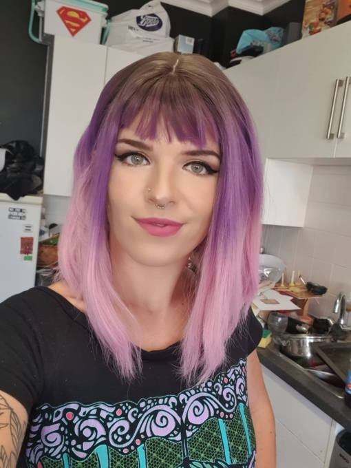 Sugarpop takes on colour dimensions, this pretty colour mix of cool brown shadowed roots, that become a soft purple ombre colour around the crown of the head and in the fringe. Melting into a light pink dip dye ends.