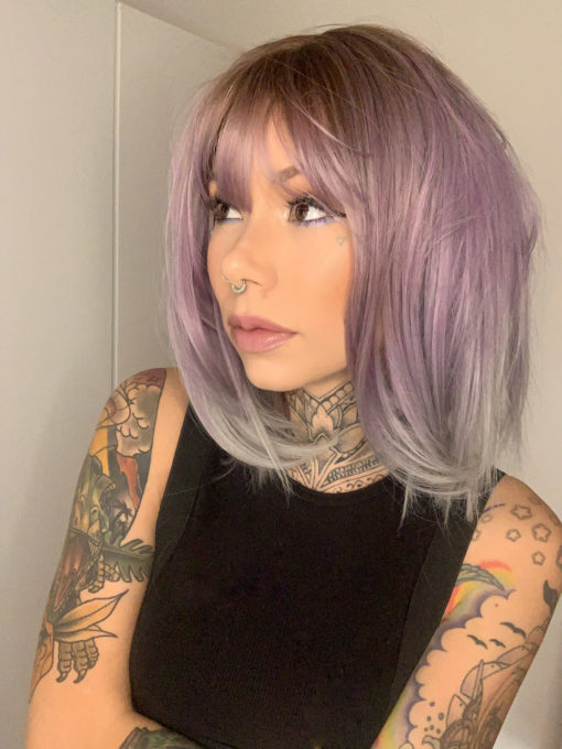 Grey and lilac straight bob wig with brown roots. A beautiful tricolour style ombre. From light brown roots to lilac and grey mix, finished with a dip dye pearly grey colour.