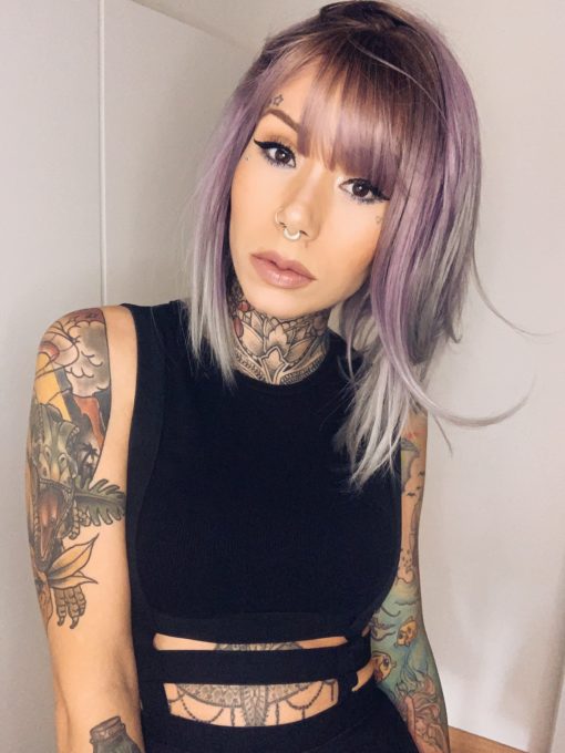 Grey and lilac straight bob wig with brown roots. A beautiful tricolour style ombre. From light brown roots to lilac and grey mix, finished with a dip dye pearly grey colour.