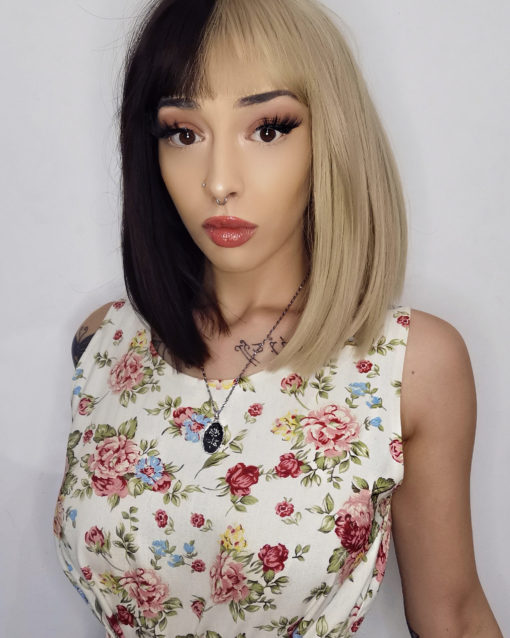 Blonde and brown split long bob wig. Choc Ice takes on the dramatic colour divide. With its cool subtle two natural tones of brown and blonde. Split down the centre parting and carries the colour through the fringe. 