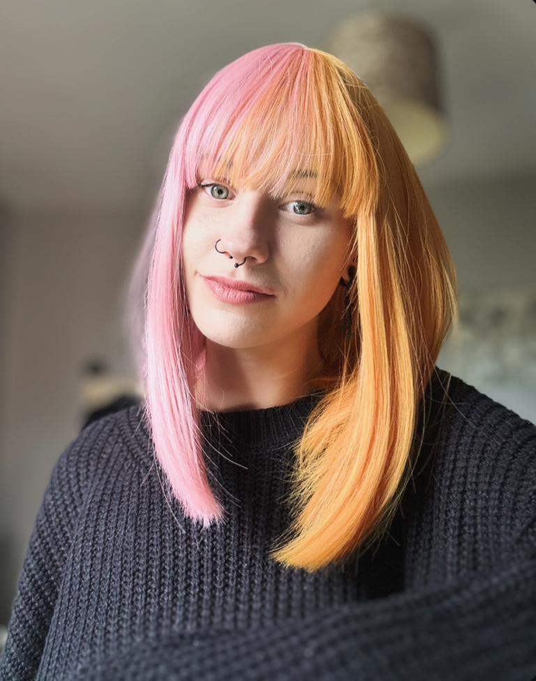 Popsicle - Lush Wigs UK These super cute pastel pink and yellow colours are a fresh take on split colour. Split down the centre parting and carrying the colour through the fringe. Styled straight and sleek.