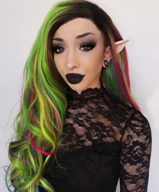 Long multi-colour lace front wig. Caution! This style is not for the fait-hearted! Spectrum is an explosion of colours. This bold concoction of neon multi colours of greens, blues, pinks, and yellows. 