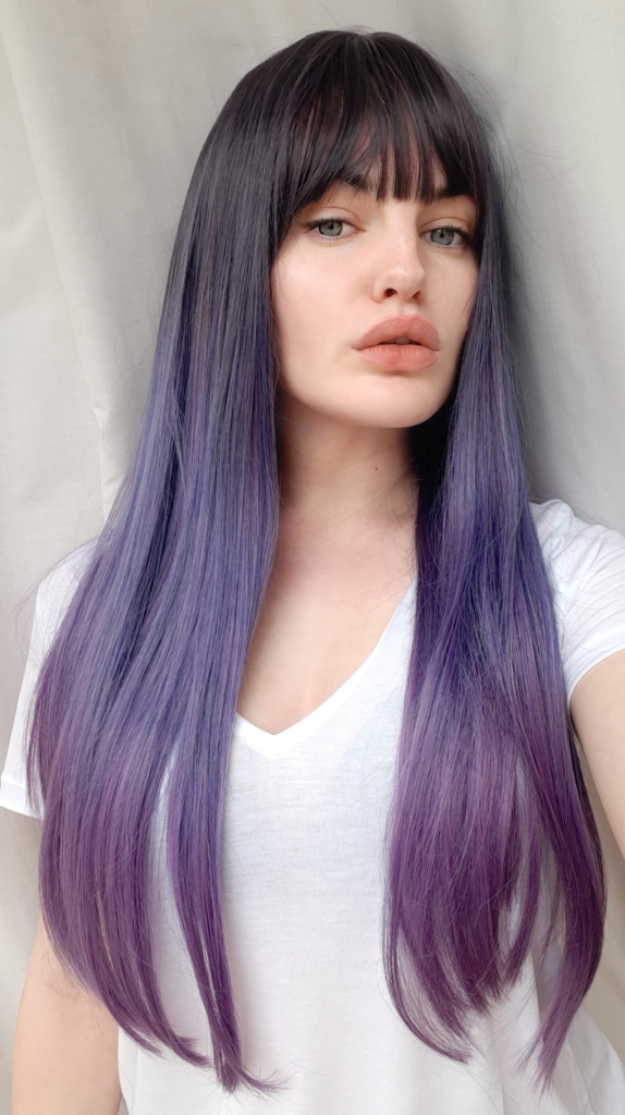 Dusky blue and purple long straight wig with bangs | Galaxy by Lush Wigs UK