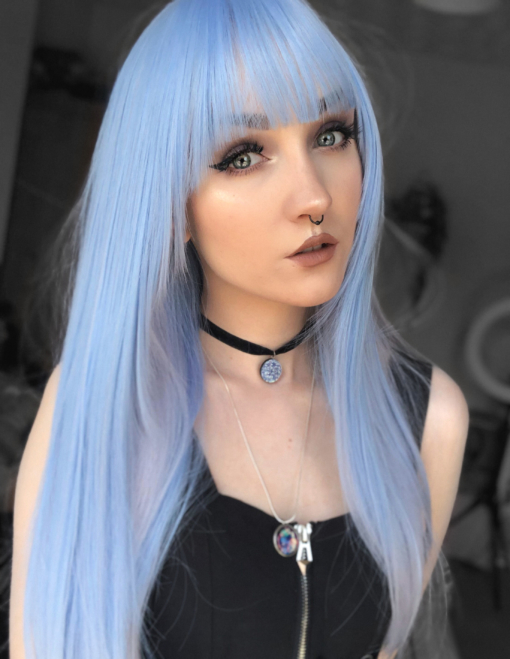 Dusky blue and grey long straight wig with bangs. With a peek-a-boo slice of grey colour just each side of the style for that throwback to the 90s. Zenith touches the sky with a mix of baby blue and whitish grey colours.