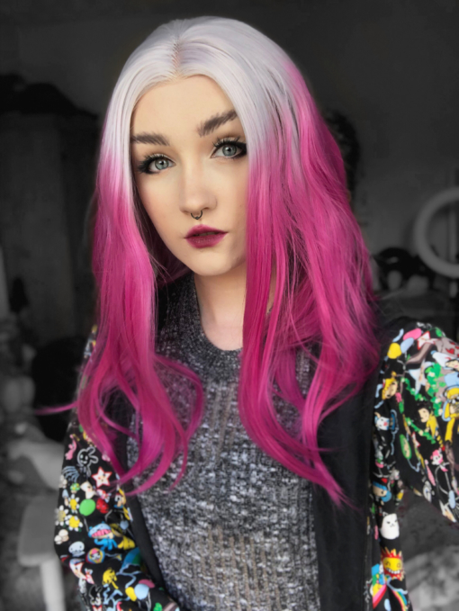 Pink and white straight lace front wig. Inspired by the the flower, we love the vivid shocking pink with its white roots that blend together perfectly.